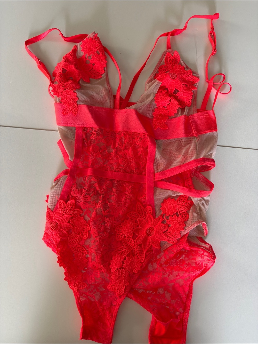 Sheer Floral Lace Bodysuit - Red
